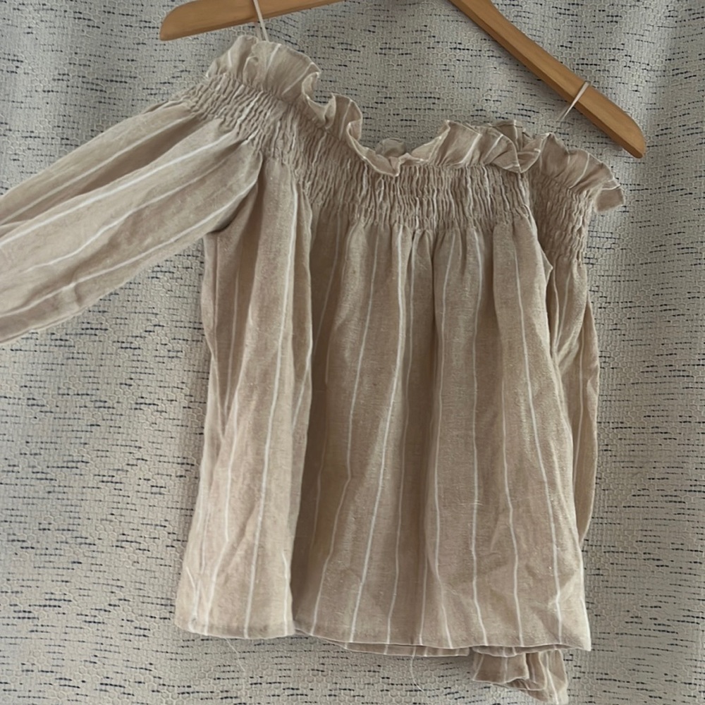 Off shoulder white and tan blouse